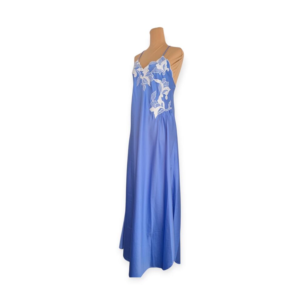 Vintage 70s 80s Natori Blue Satin Slip dress Nightdress - Picture 2 of 9
